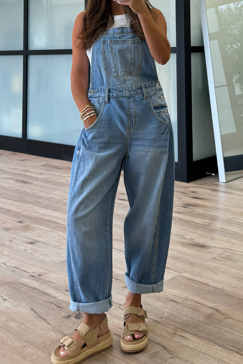 Dusk Blue Adjustable Buckle Straps Straight Leg Denim Overalls