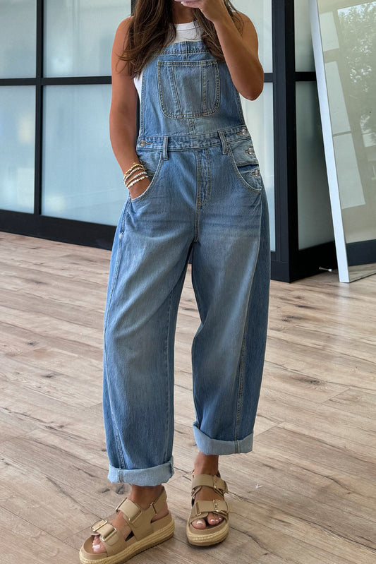 Dusk Blue Adjustable Buckle Straps Straight Leg Denim Overalls