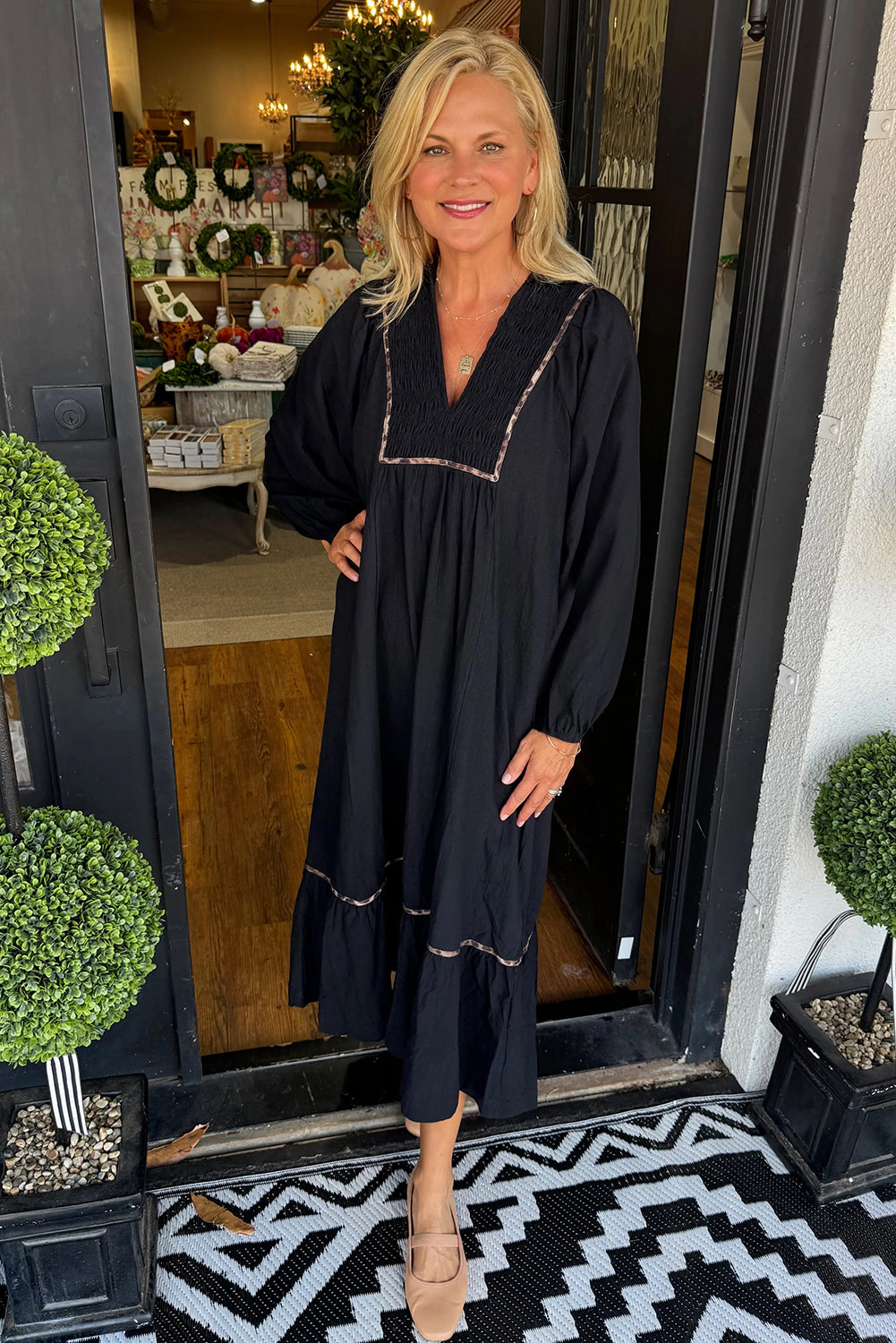 Black Collared V Neck Shirred Detail Contrast Leopard Trim Long Dress