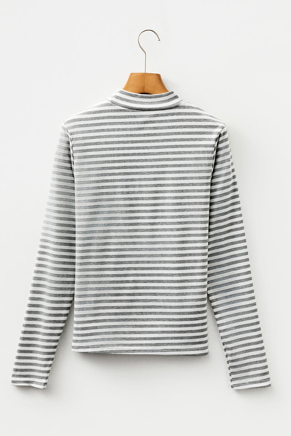 Gray Stripe Ribbed High Neck Slim Fit Long Sleeve Top