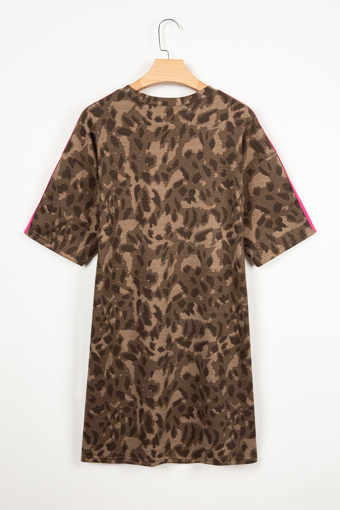 Brown Loose Contrast Striped Accent Leopard T Shirt Mini Dress with Pockets