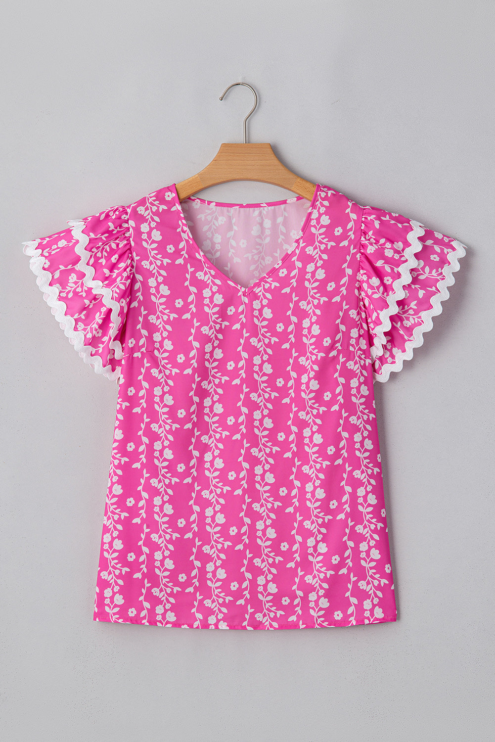 Pink Floral Print Ric Rac Tiered Ruffled V Neck Blouse