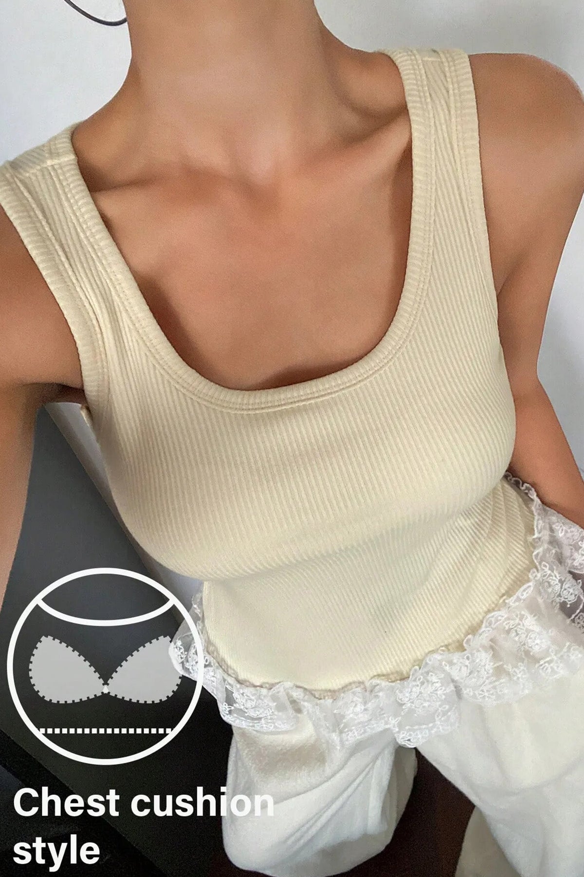 Coffee Ribbed Knit Sweet Lace Hem Vest