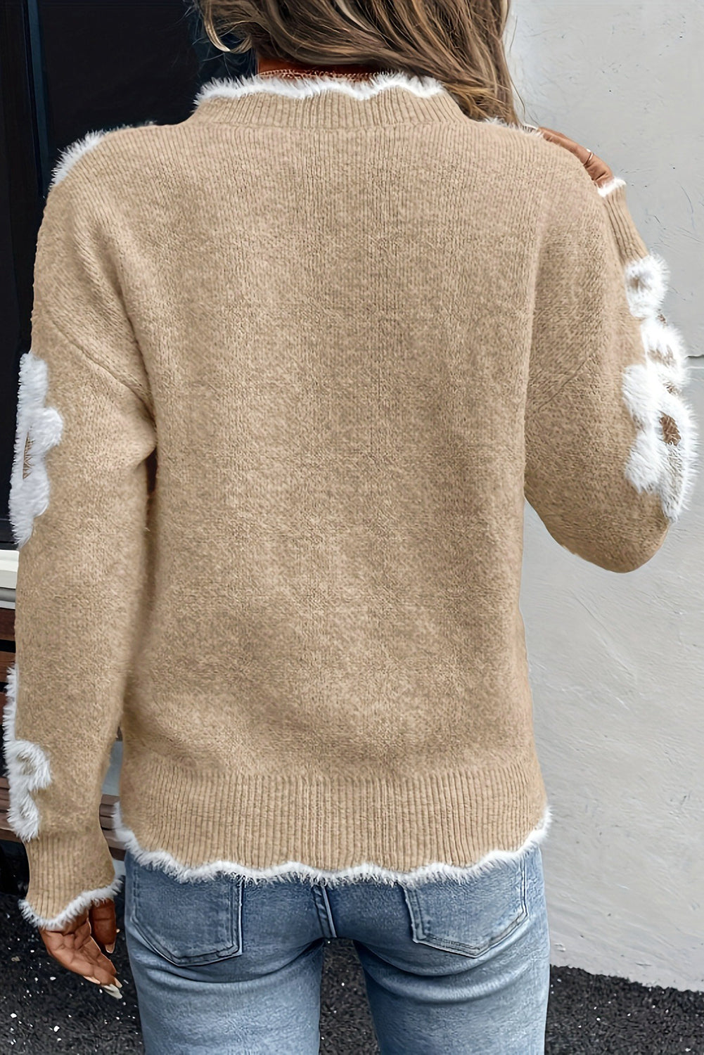 Dusk Blue Jacquard Floral Scallop V-neck Sweater