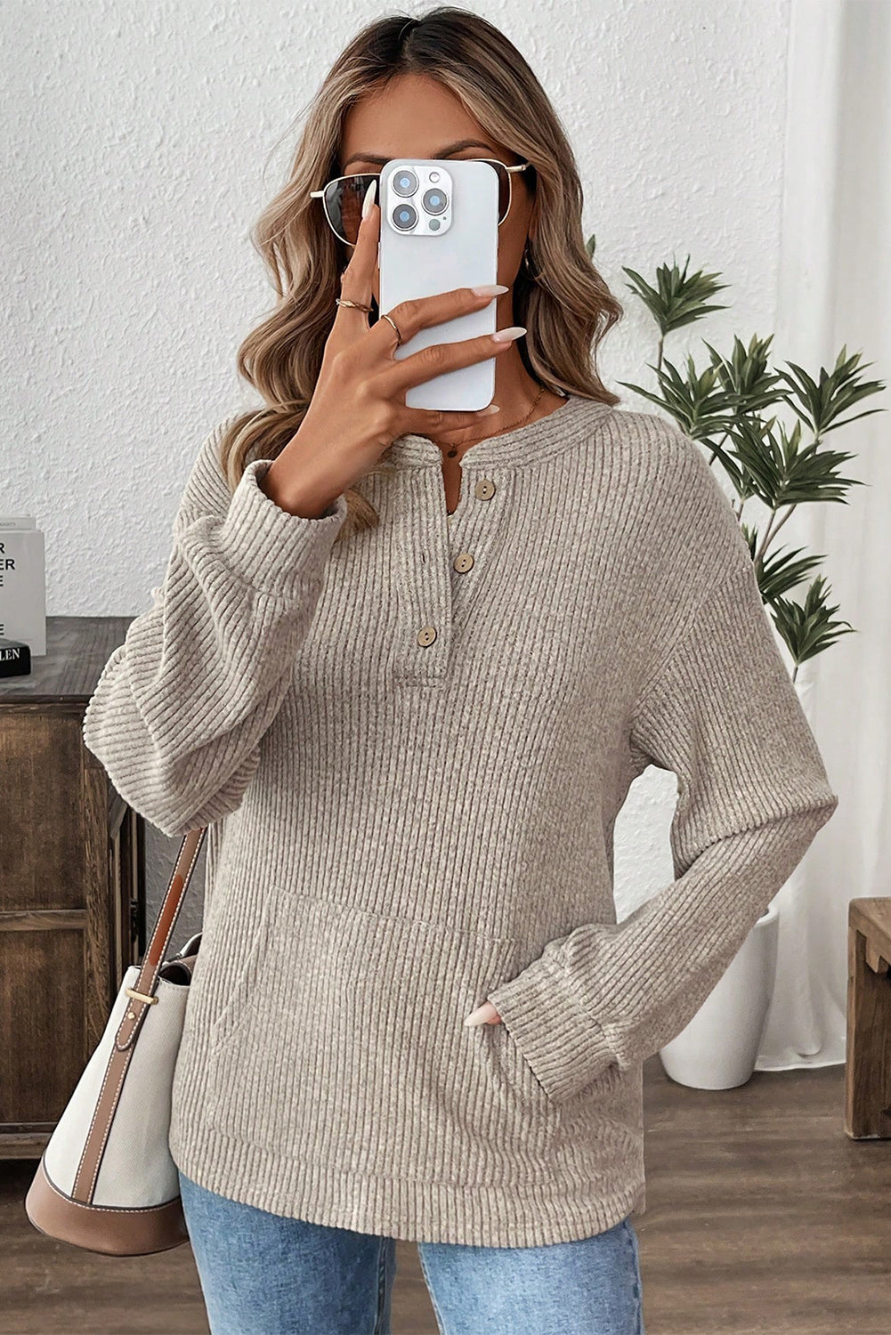Pink Ribbed Texture Drop Shoulder Henley Knit Top