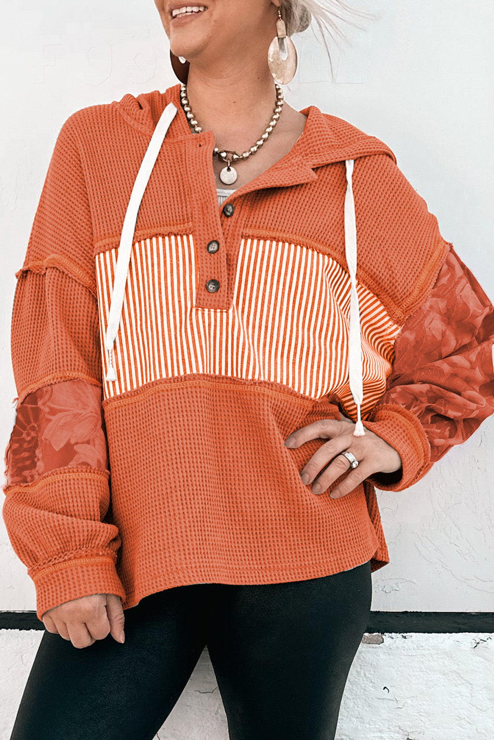 Gray Waffle Patchwork Drawstring Hooded Long Sleeve Top