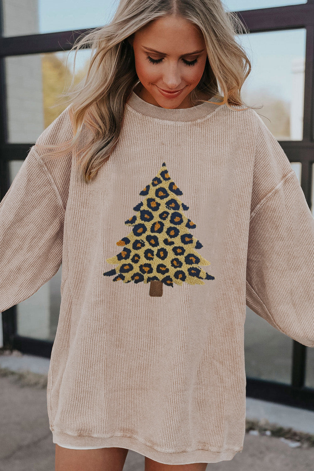 Apricot Leopard Christmas Tree Terry Flocking Corded Sweatshirt