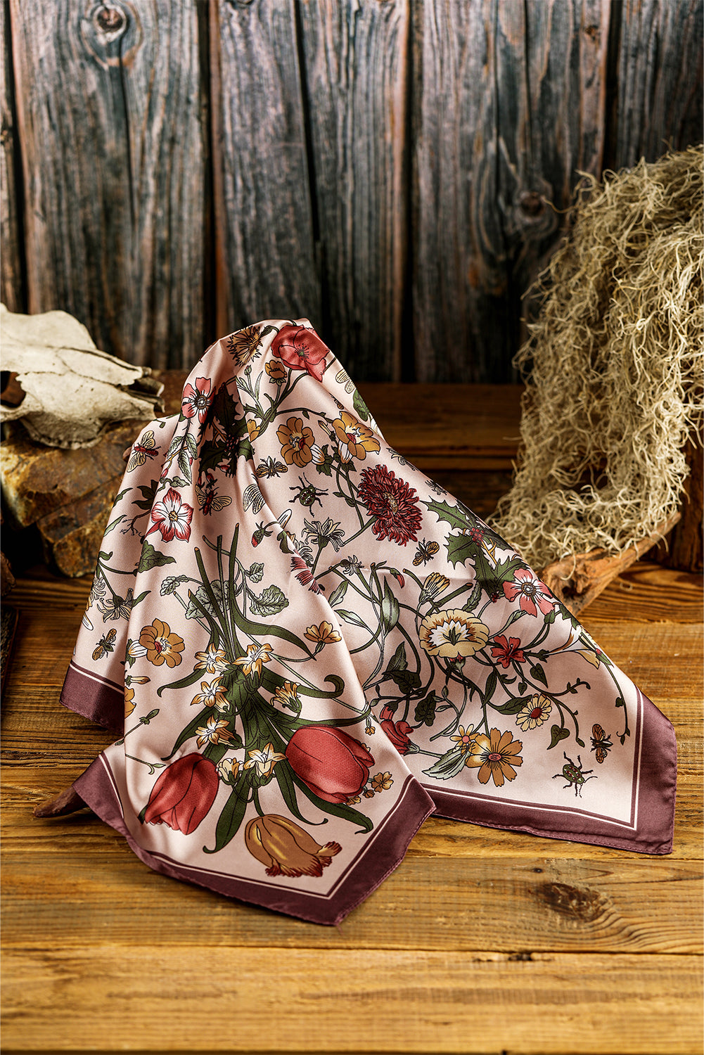 Apricot Pink Lightweight Retro Floral Print Square Scarf