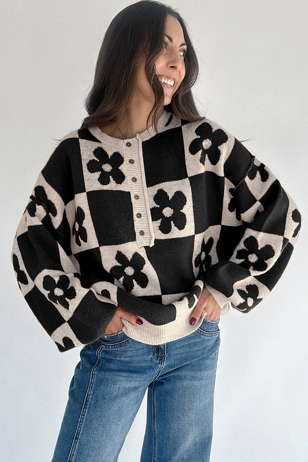 Black Flower Colorblock Checkered Henley Sweater