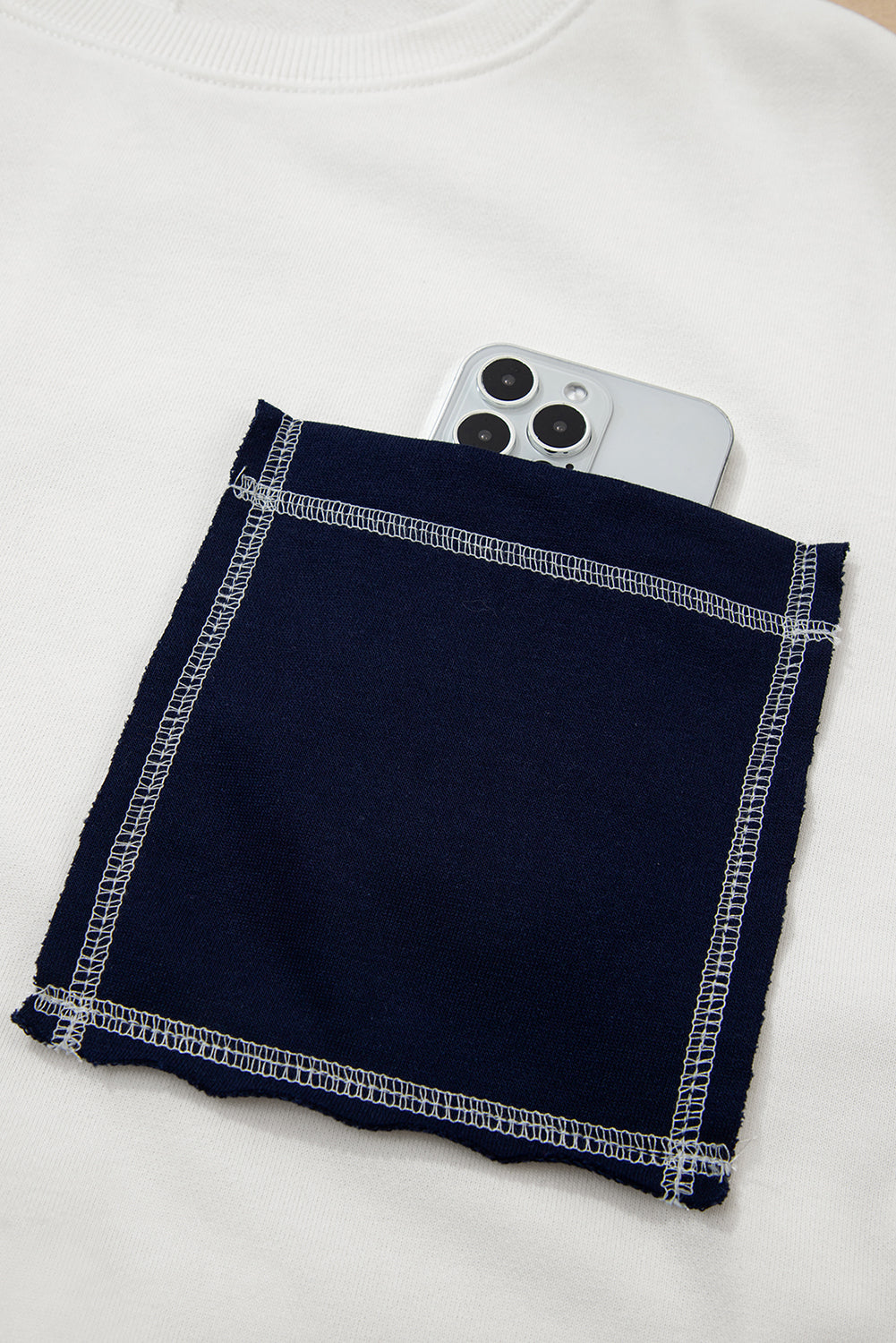 White Denim Patchwork Ribbed Round Neck Pullover Sweatshirt