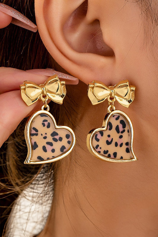 Gold Leopard Print Heart Bow Drop Earrings