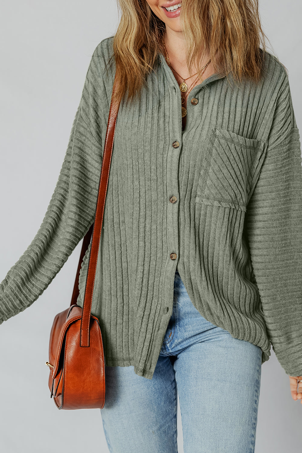 Mist Green Thermal Ribbed Texture Drop Shoulder Button Up Shirt