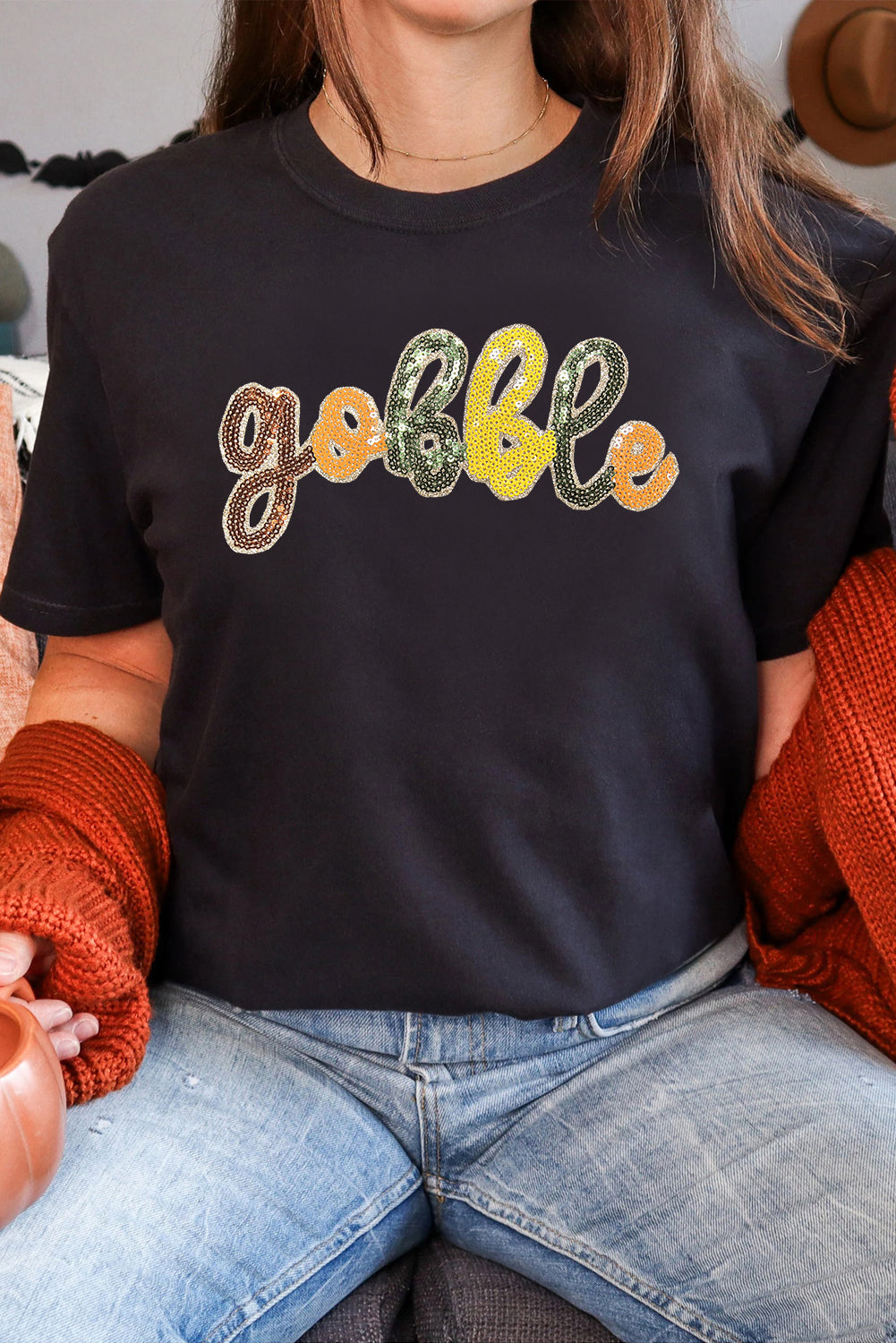 Black gobble Letter Sequins Patch Thanksgiving T Shirt