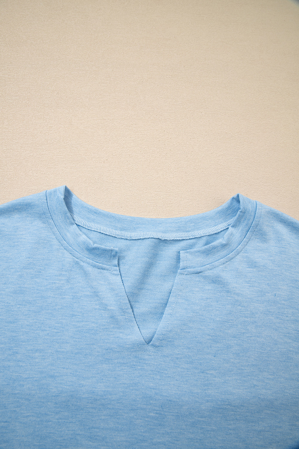 Smoke Green Notched Neck Terry Raw Hem Long Sleeve Top