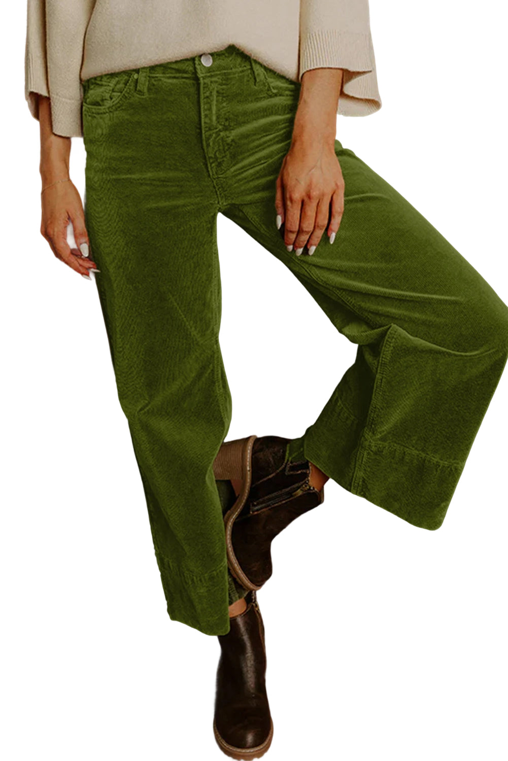 Vineyard Green Corduroy Solid Color High Waist Wide Leg Pants