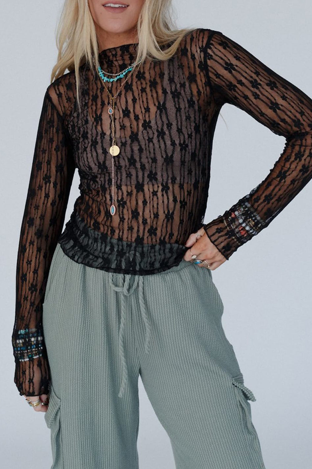 White Sheer Floral Lace Long Sleeve Slim Fit Top