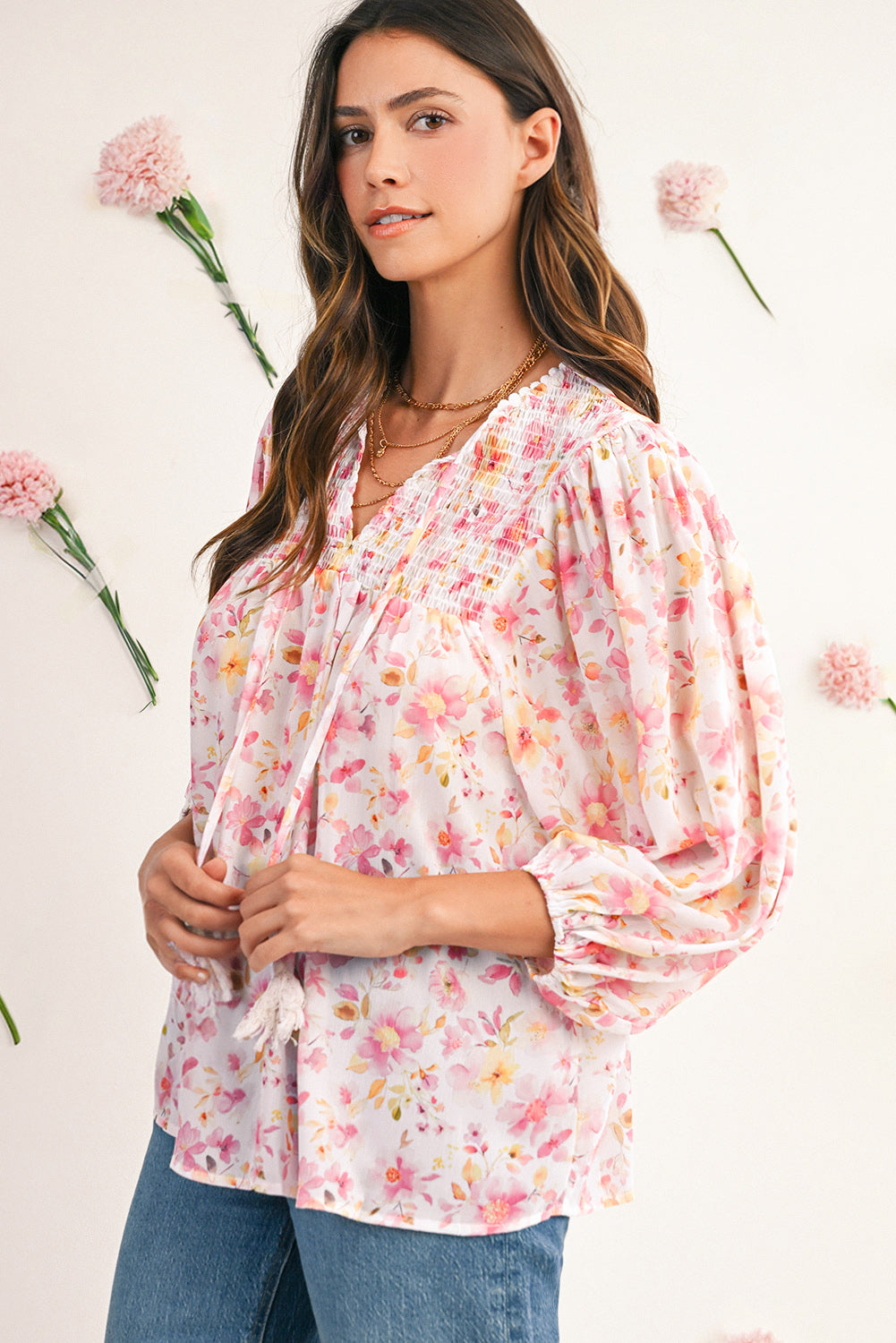 Pink Floral Print Tassel Tie Smocked V Neck Puff Sleeve Tunic Blouse