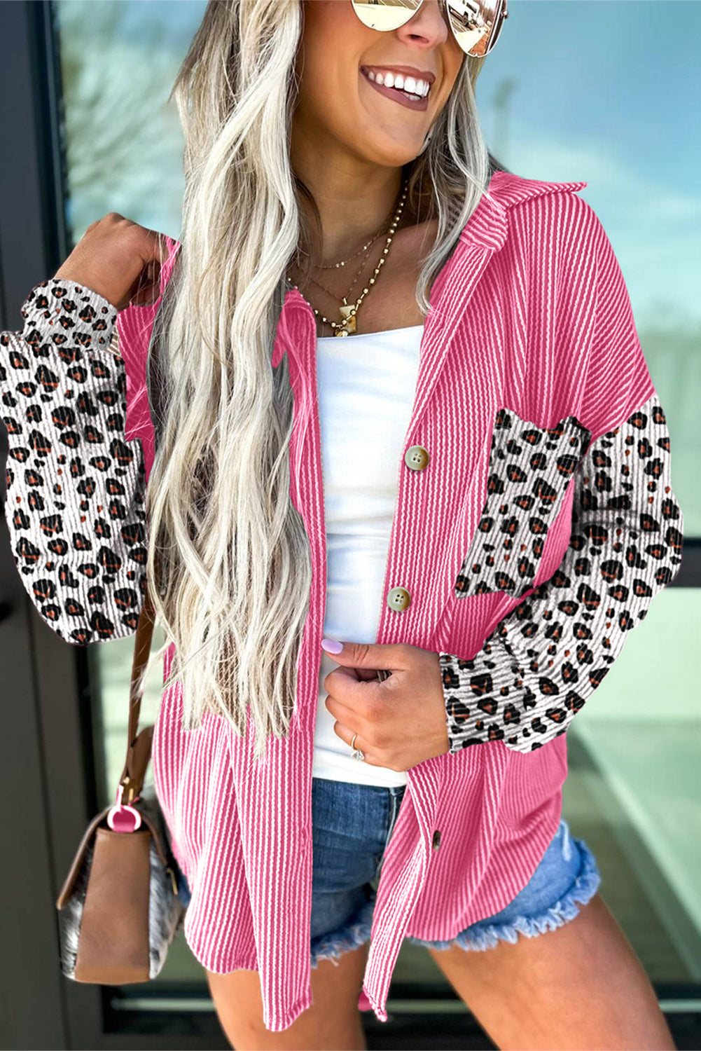 Dark Khaki Leopard Patchwork Twisted Ribbed Casual Shacket