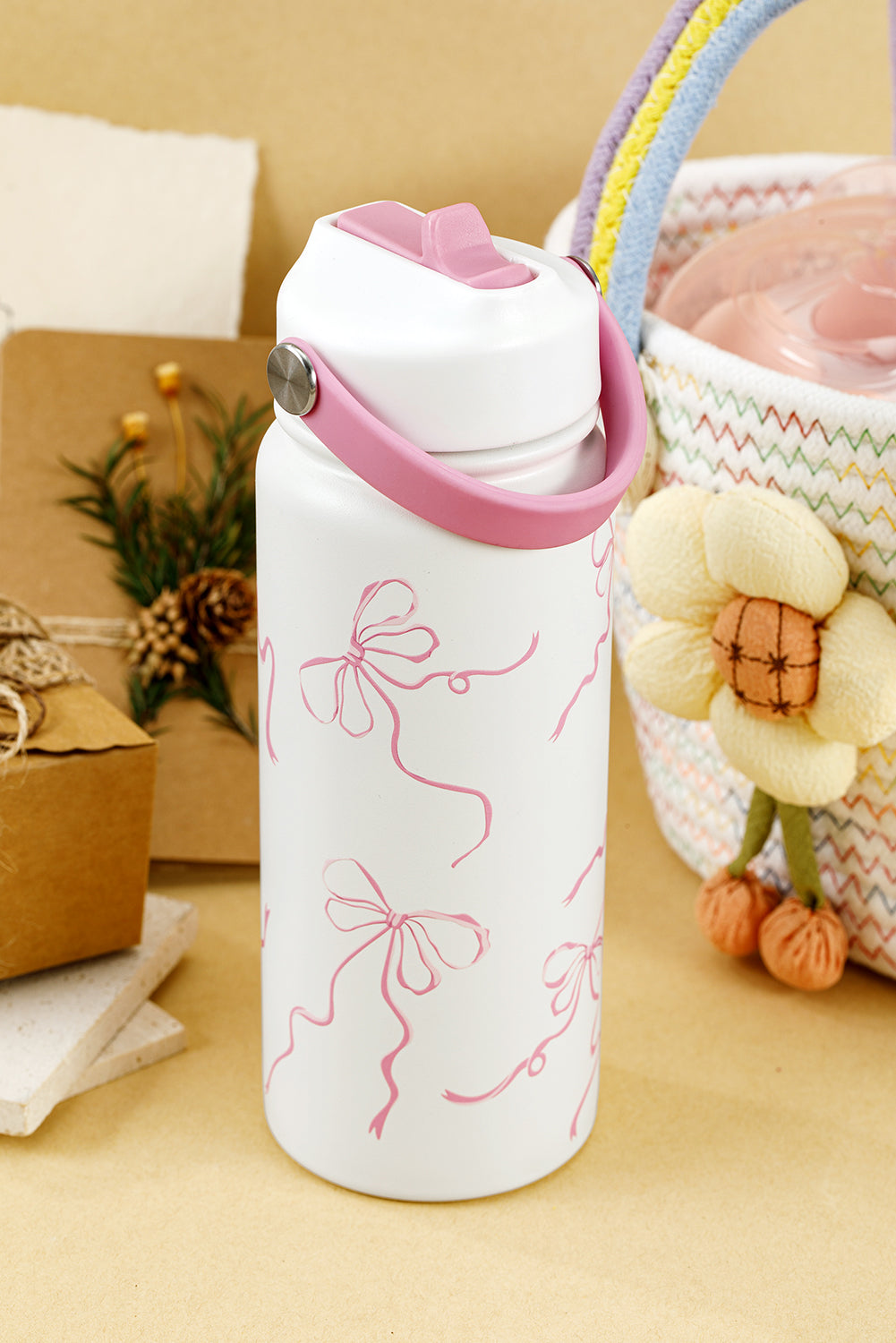 White Bowknot Print Insulated Water Bottle