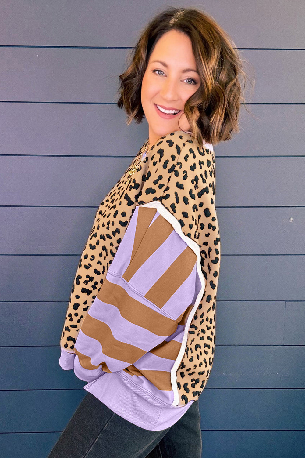 Khaki Leopard Striped Patchwork Plus Size Loose Sweatshirt