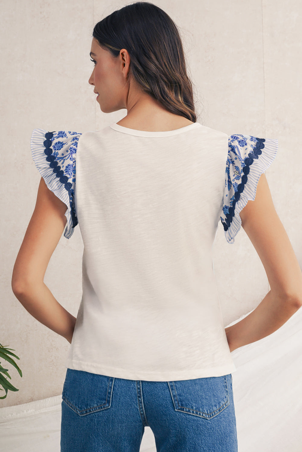 Blue Floral Striped Patchwork Flutter Sleeve Blouse