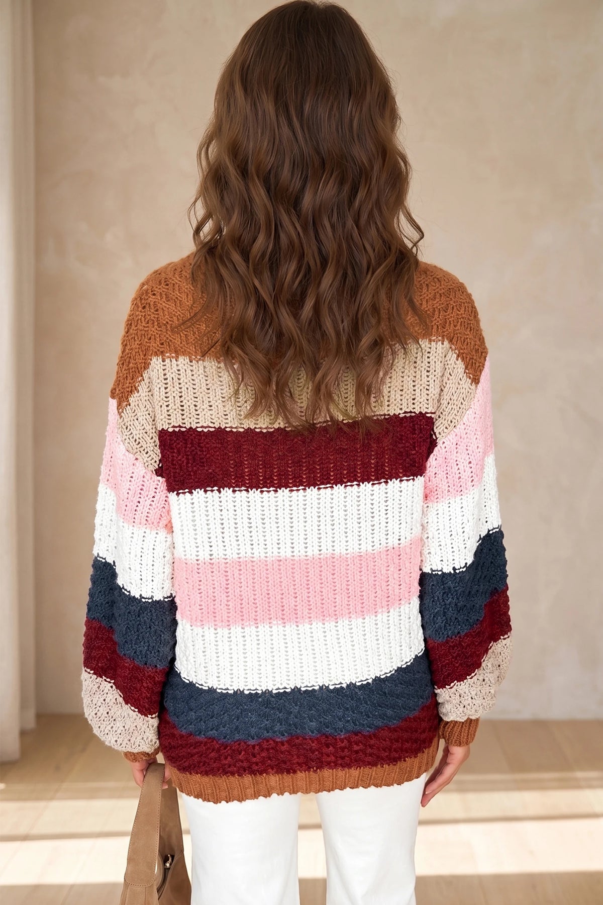 Pre-Order Multicolour Striped Knit Dropped Shoulder Round Neck Pullover Sweater