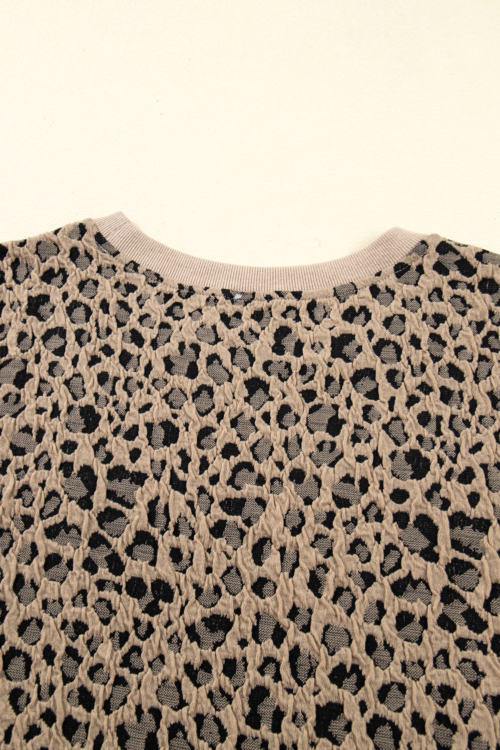 Khaki Leopard Textured Ribbed Trim Plus Size Long Sleeve Top
