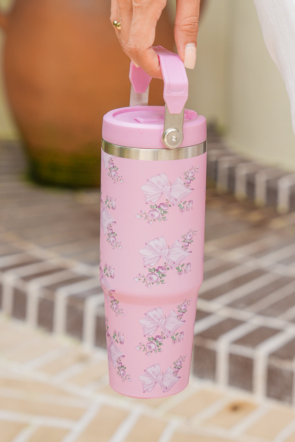 Pink Flower and Bowknot Graphic Tumbler Cup