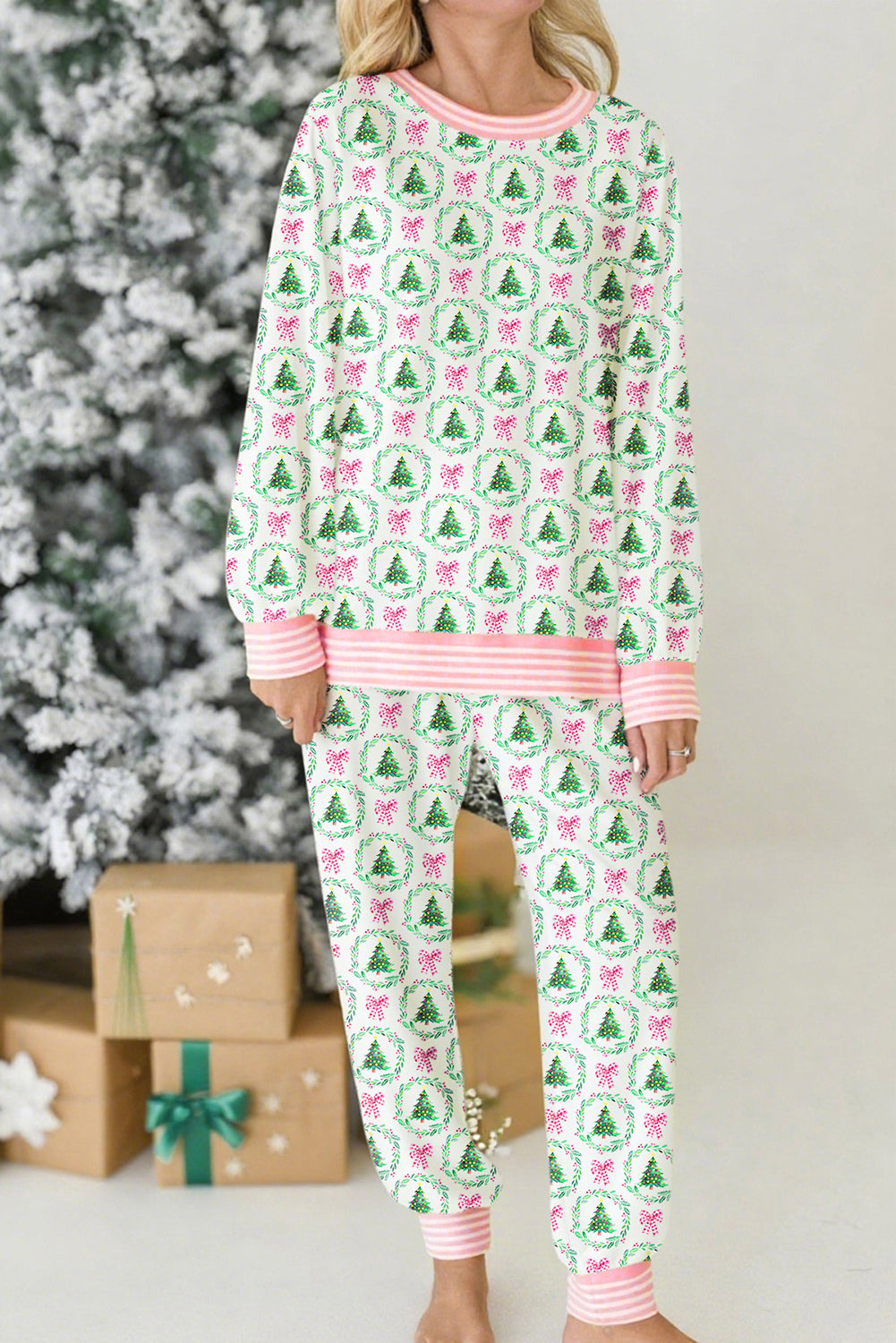 Pink Christmas Tree Reindeer Print Contrast Striped Trim Pajama Set