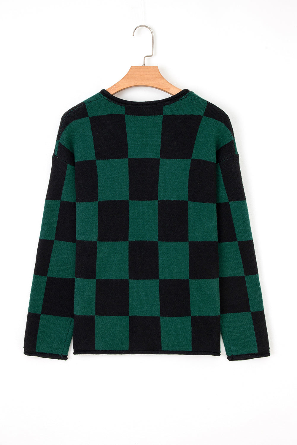 Black Checked Notched Neckline Drop Shoulder Knit Sweater