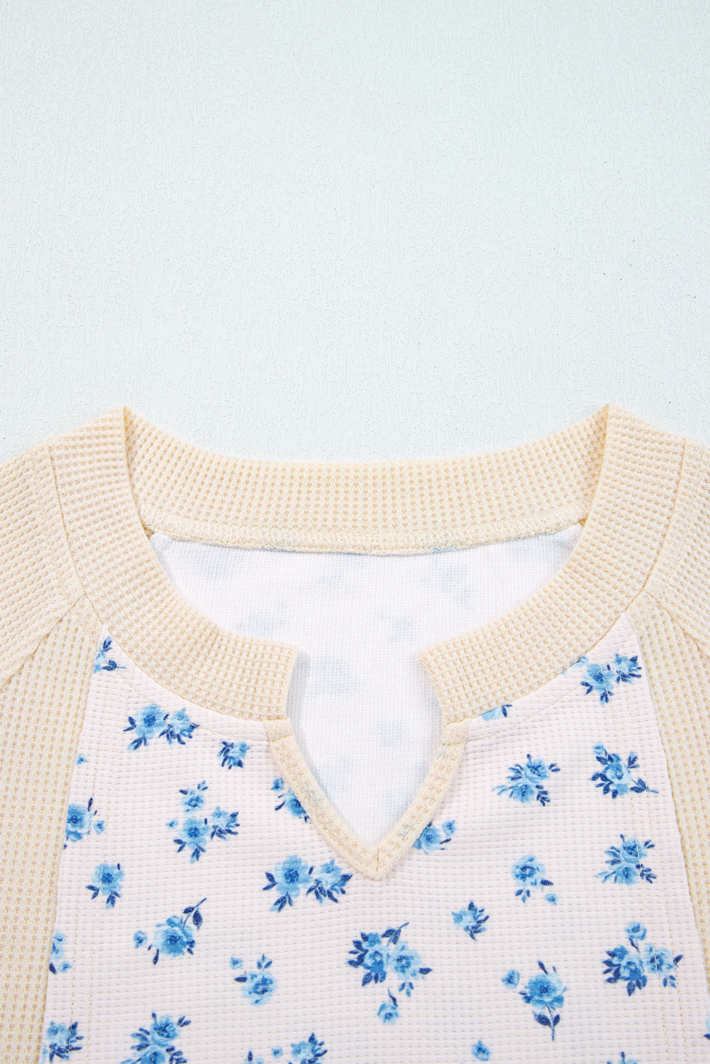 Beige Floral Print Waffle Patchwork Balloon Sleeve V Neck Oversized Top