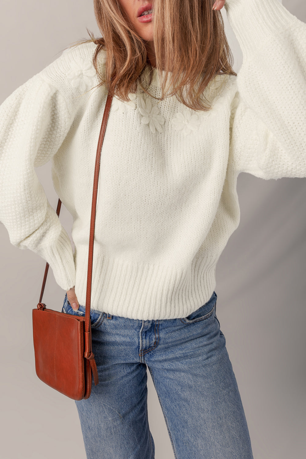 White Flower Detail Round Neck Contrast Textured Puff Sleeve Sweater