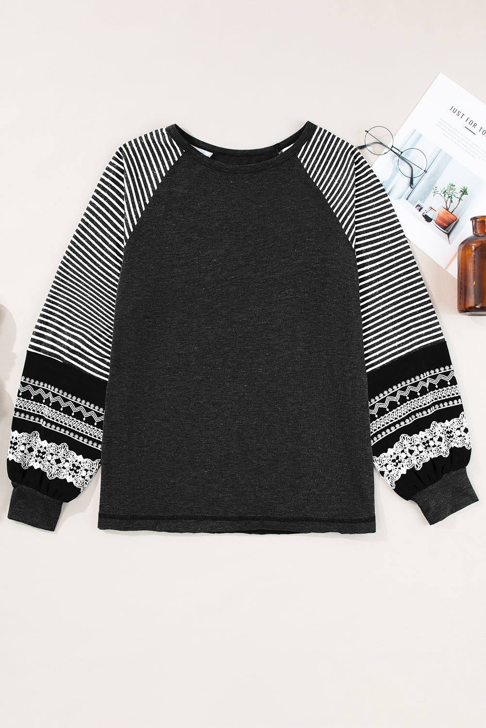 Mineral Red Contrast Print Striped Raglan Long Sleeve Loose Top