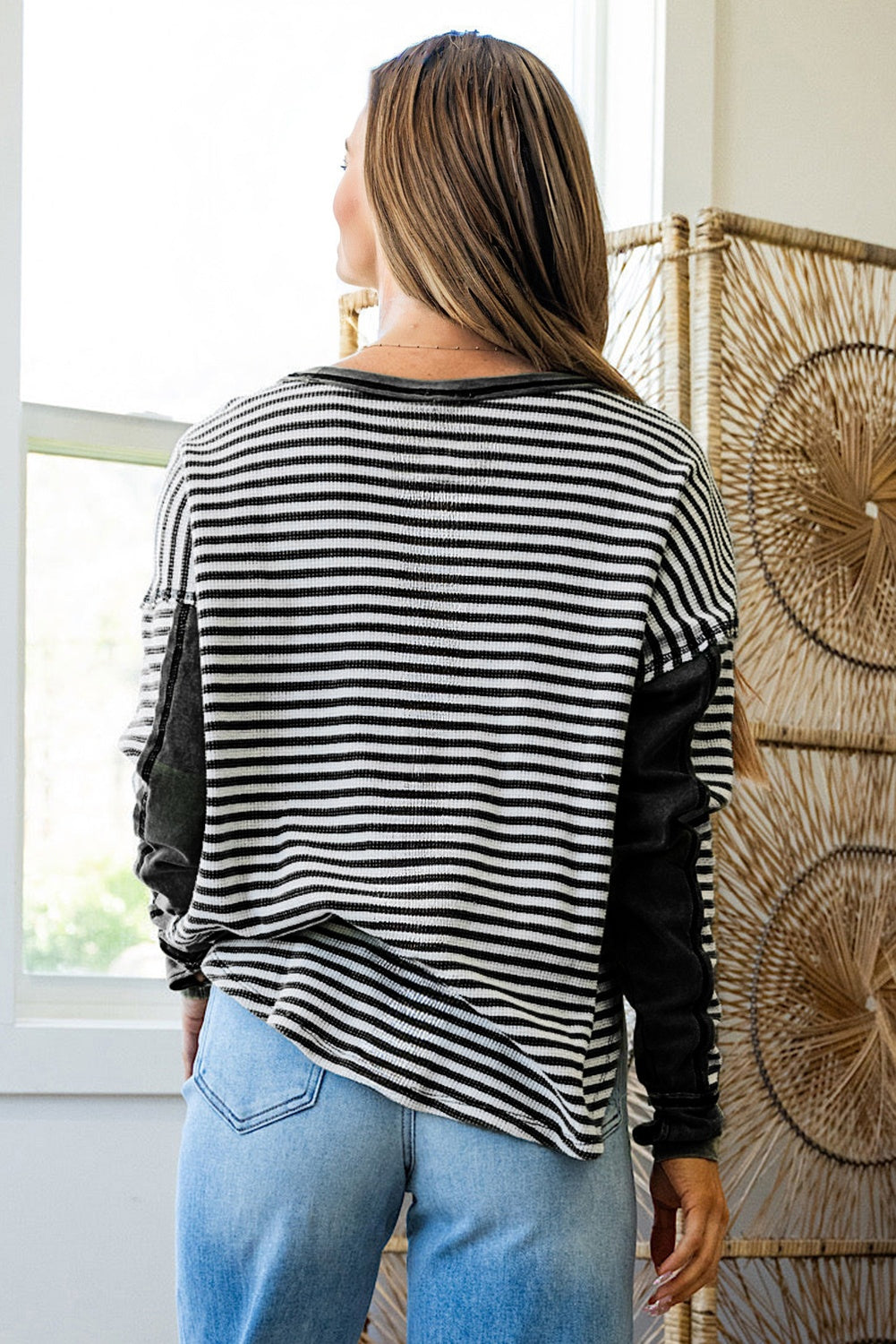 Green Striped Patchwork Knit Drop Shoulder Top