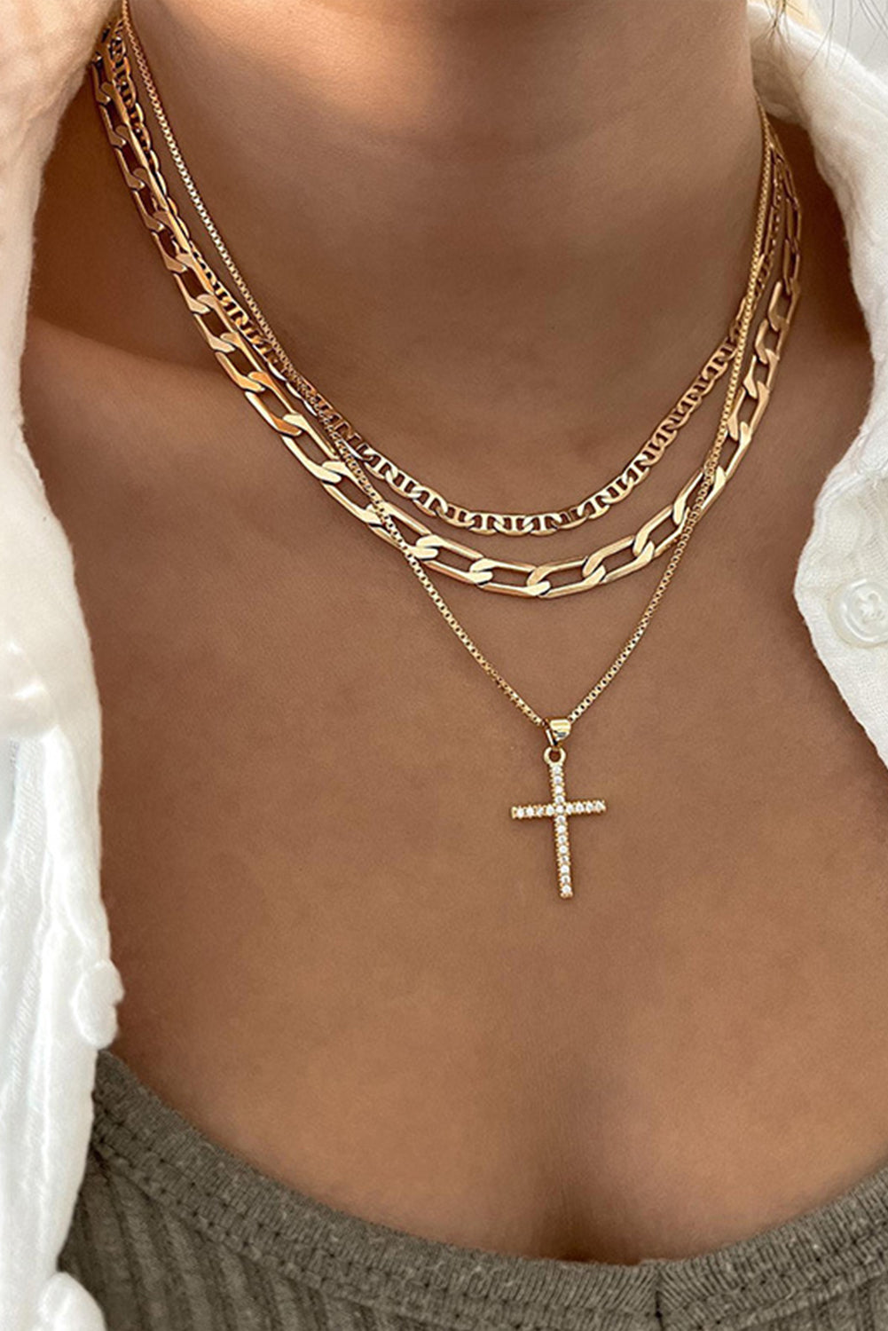 Silvery Rhinestone Cross Pendant Multi Layer Stacked Chain Necklace