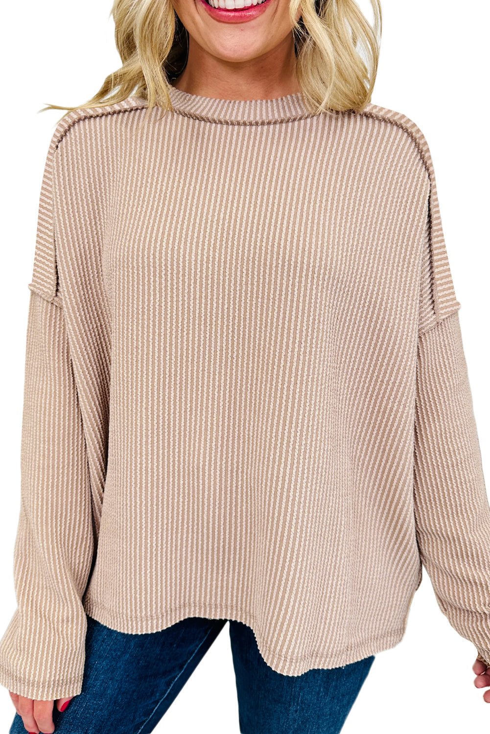 Parchment Twisted Rib Exposed Seam Detail Long Sleeve Loose Top