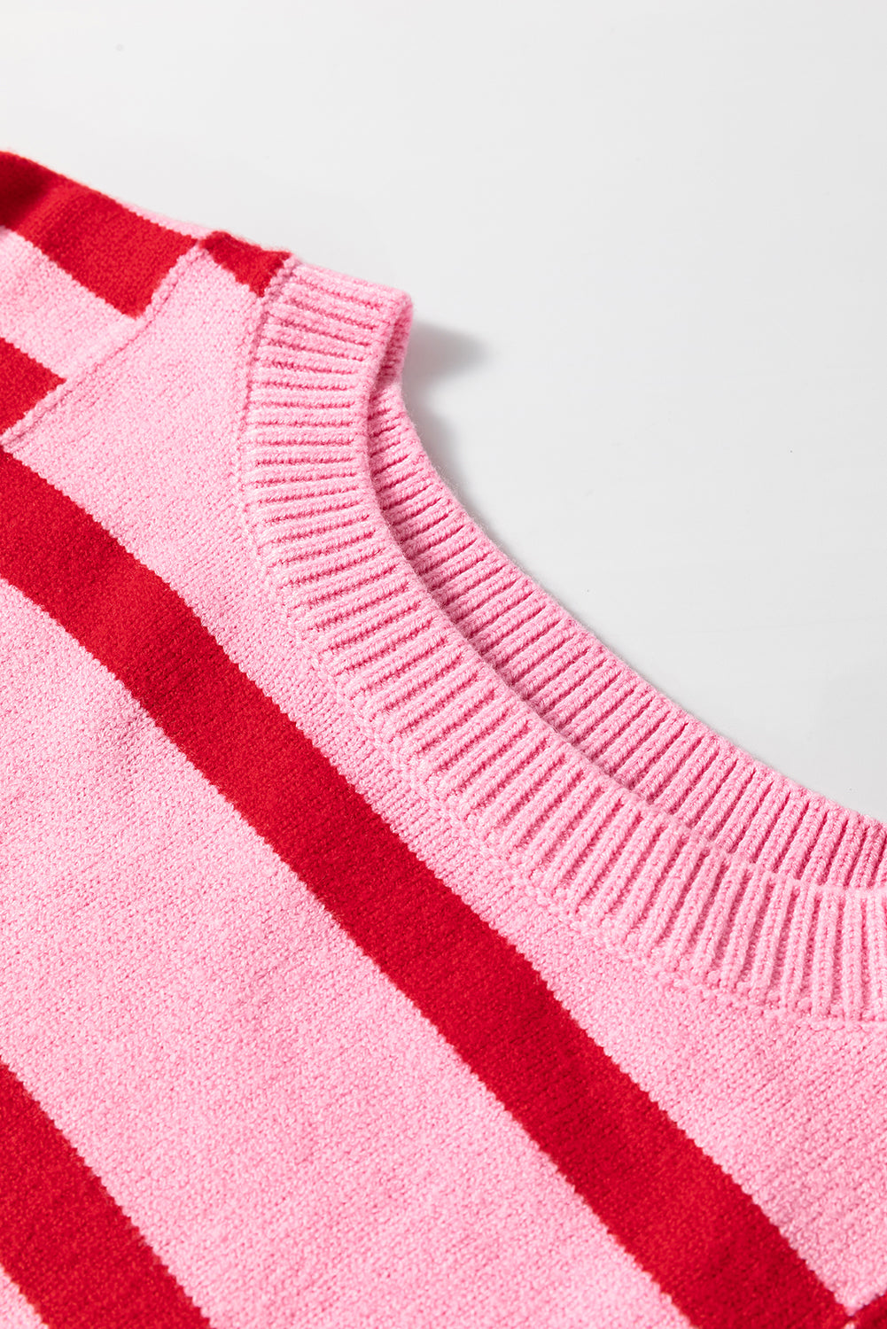 Pink Striped Crewneck Drop Sleeve Knit Sweater