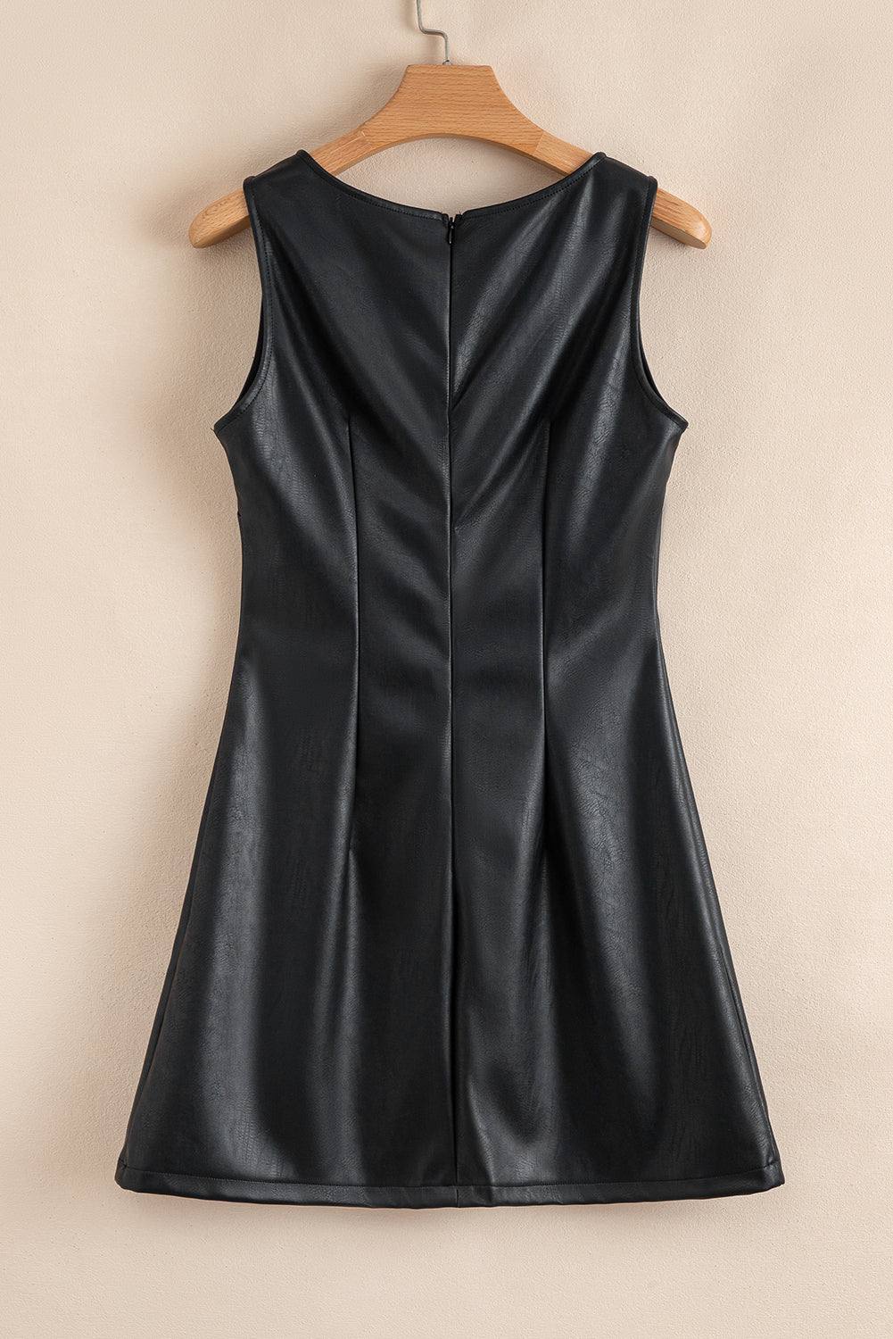 Coffee Faux Leather Sleeveless Round Neck Mini Dress