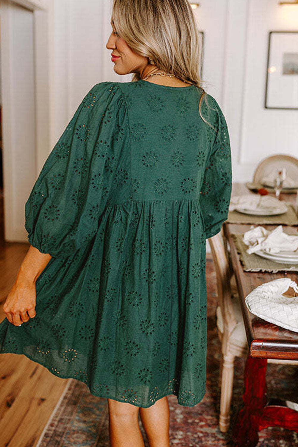 Blackish Green Embroidered Eyelet Pattern Puff Sleeve Mini Dress