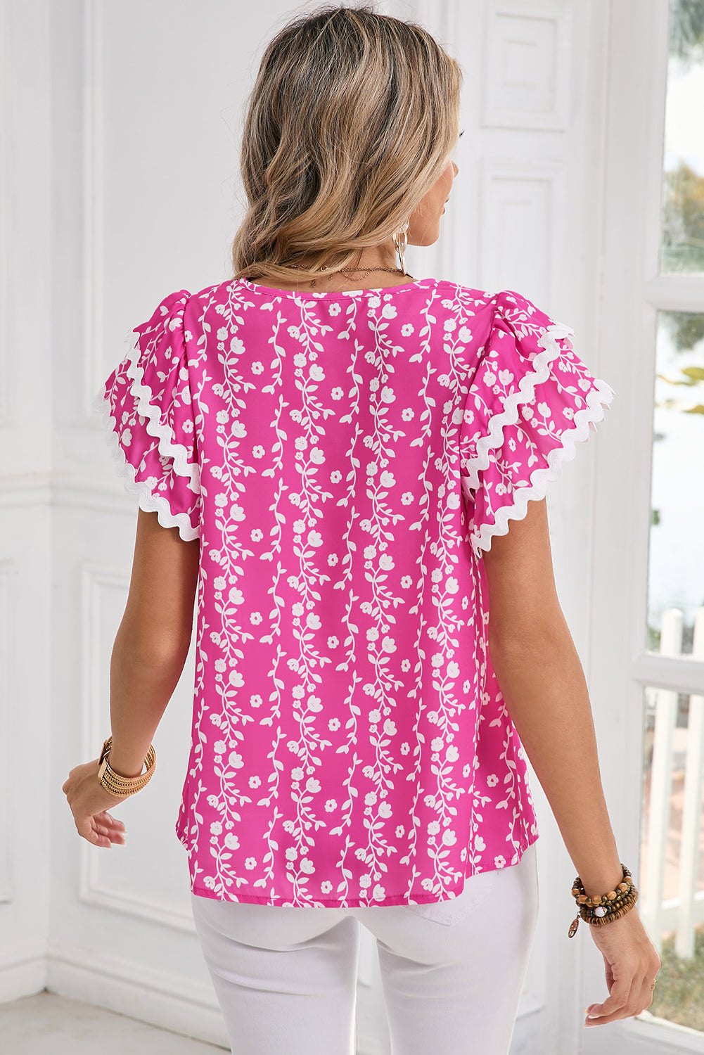 Pink Floral Print Ric Rac Tiered Ruffled V Neck Blouse