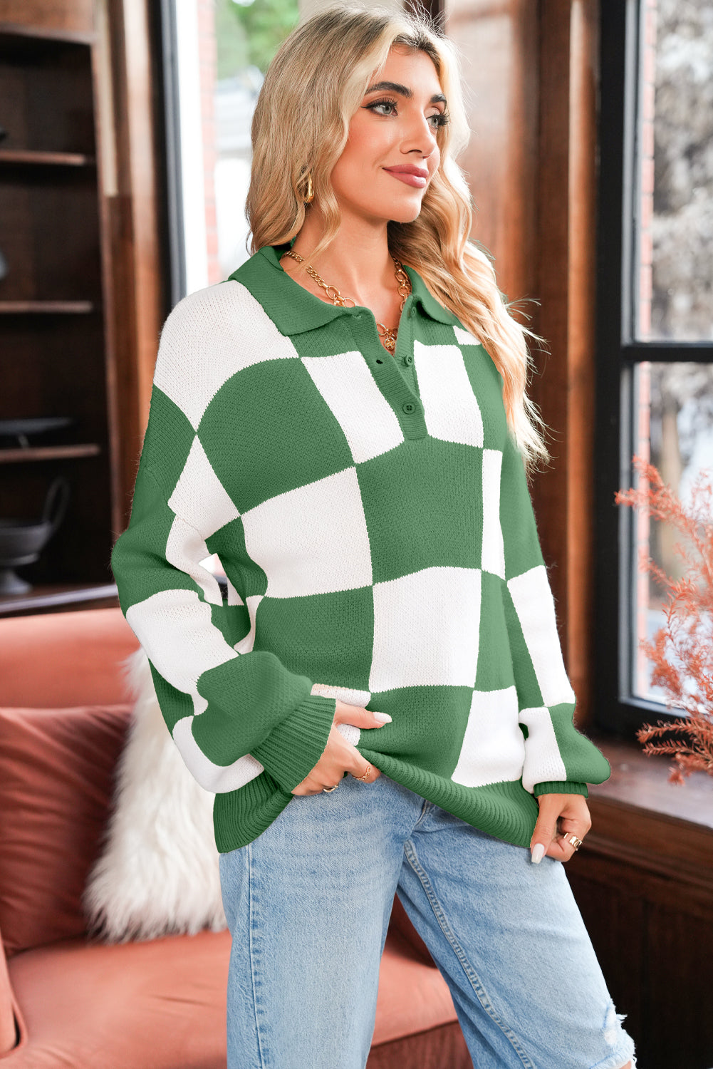 Mist Green Checkered V-Neck Collared Pullover Sweater