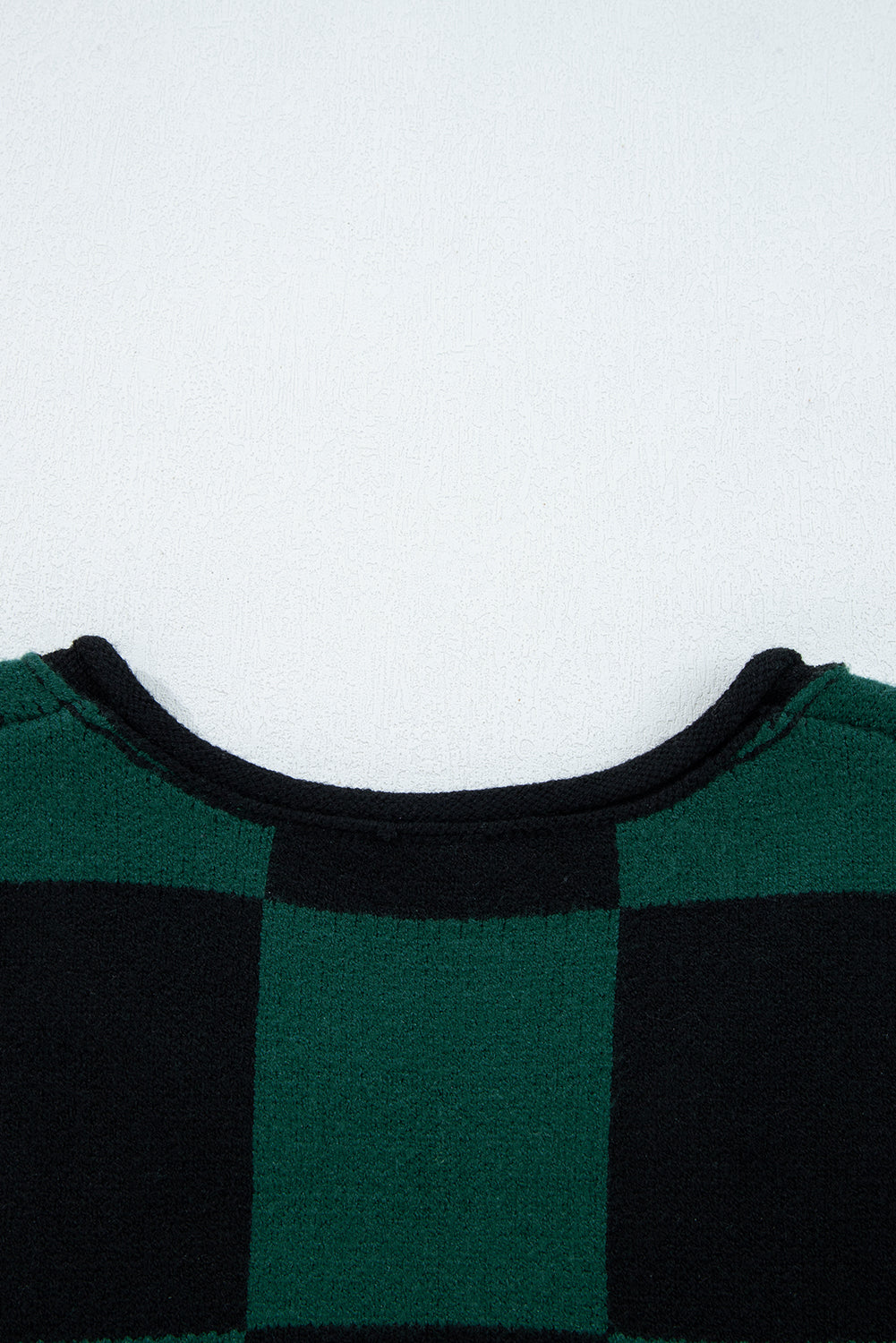 Black Checked Notched Neckline Drop Shoulder Knit Sweater