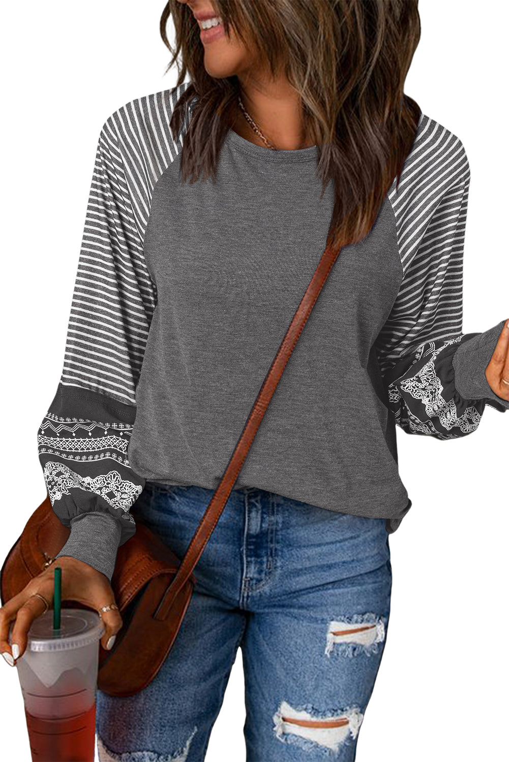 Mineral Red Contrast Print Striped Raglan Long Sleeve Loose Top