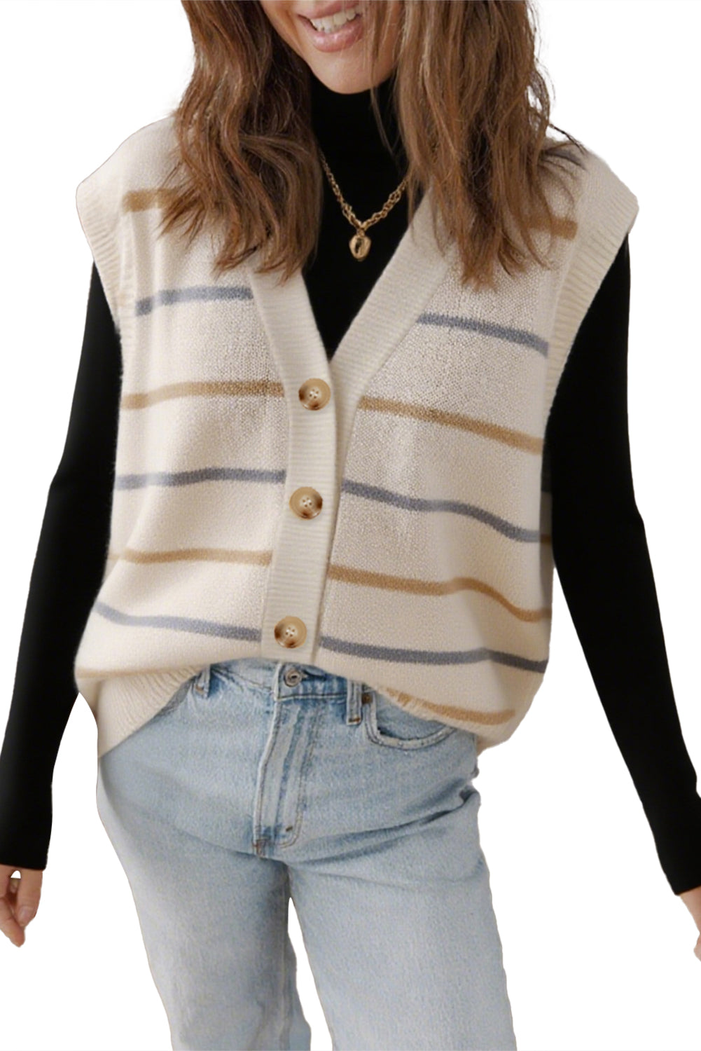 Multicolour Striped Print Button V Neck Knit Vest