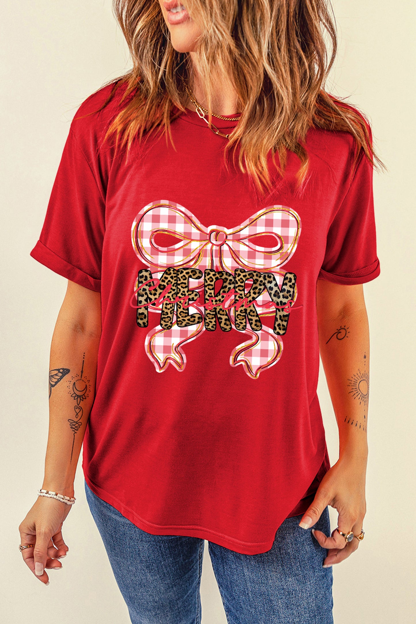 Red Leopard Merry Christmas Plaid Bow Graphic Holiday T Shirt