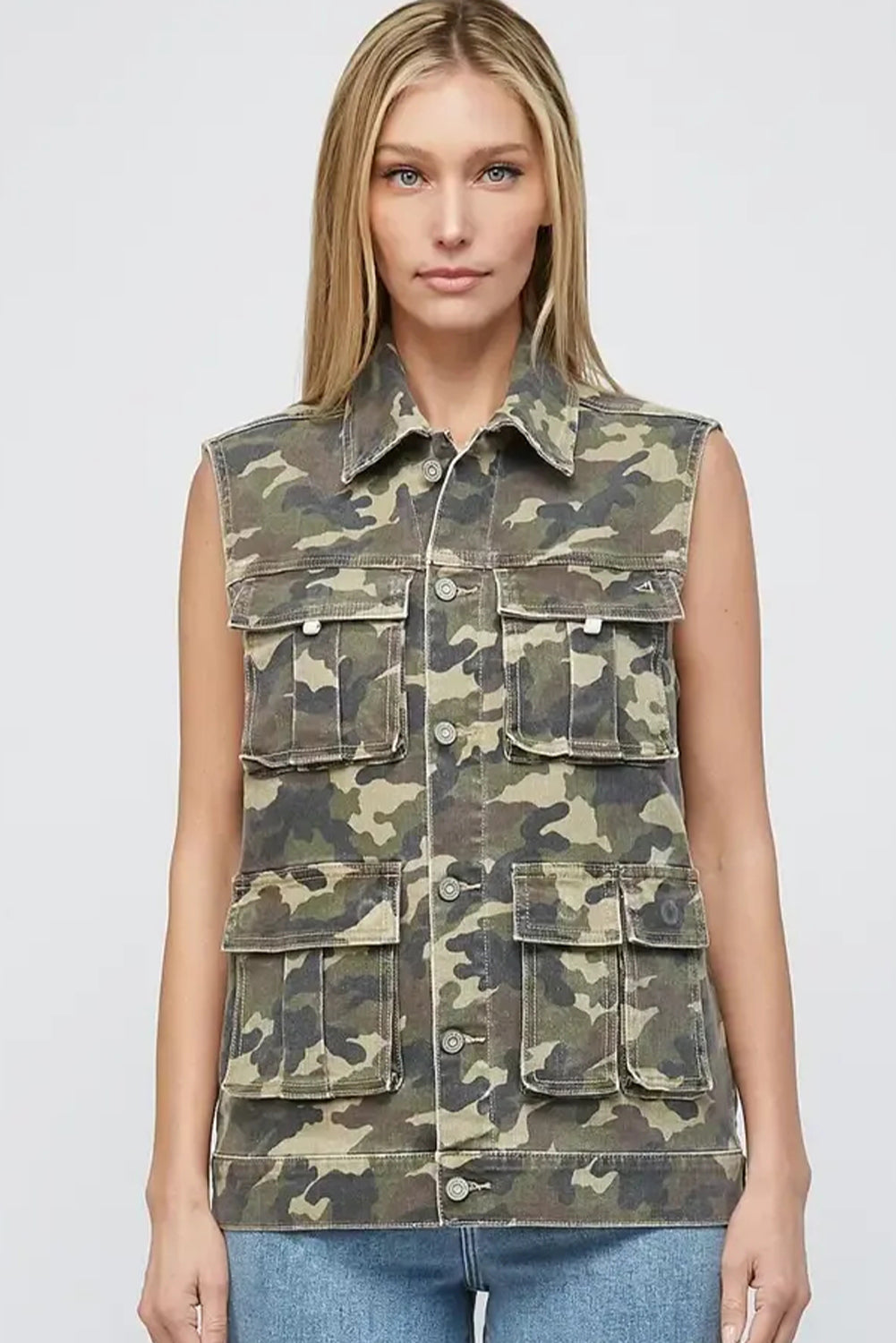 Green Camouflage Print Button Cargo Pocket Button Down Denim Vest