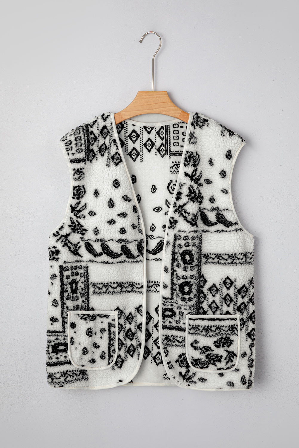 Beige Sherpa Paisley Print Pocketed Fashion Vest Jacket