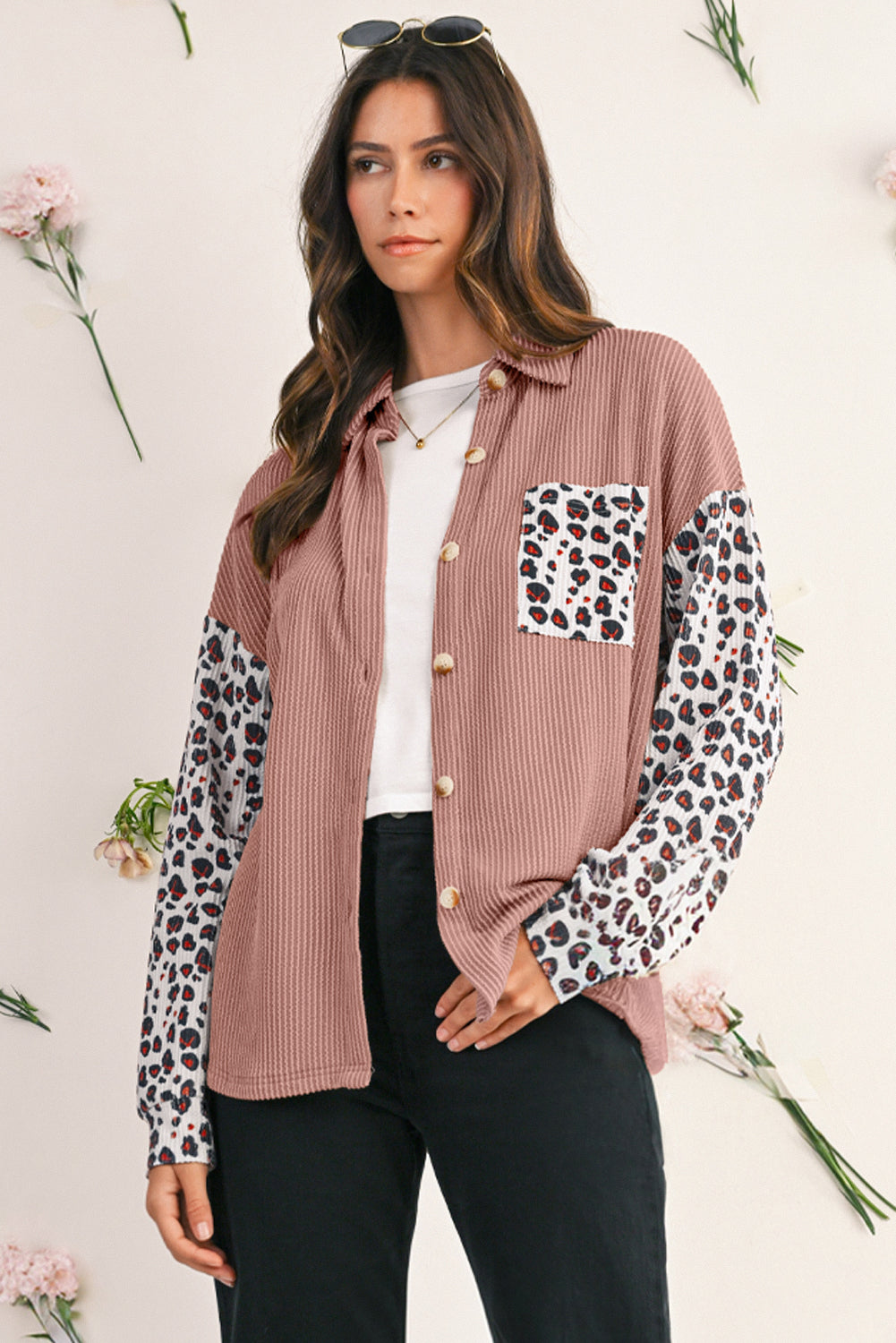 Dark Khaki Leopard Patchwork Twisted Ribbed Casual Shacket