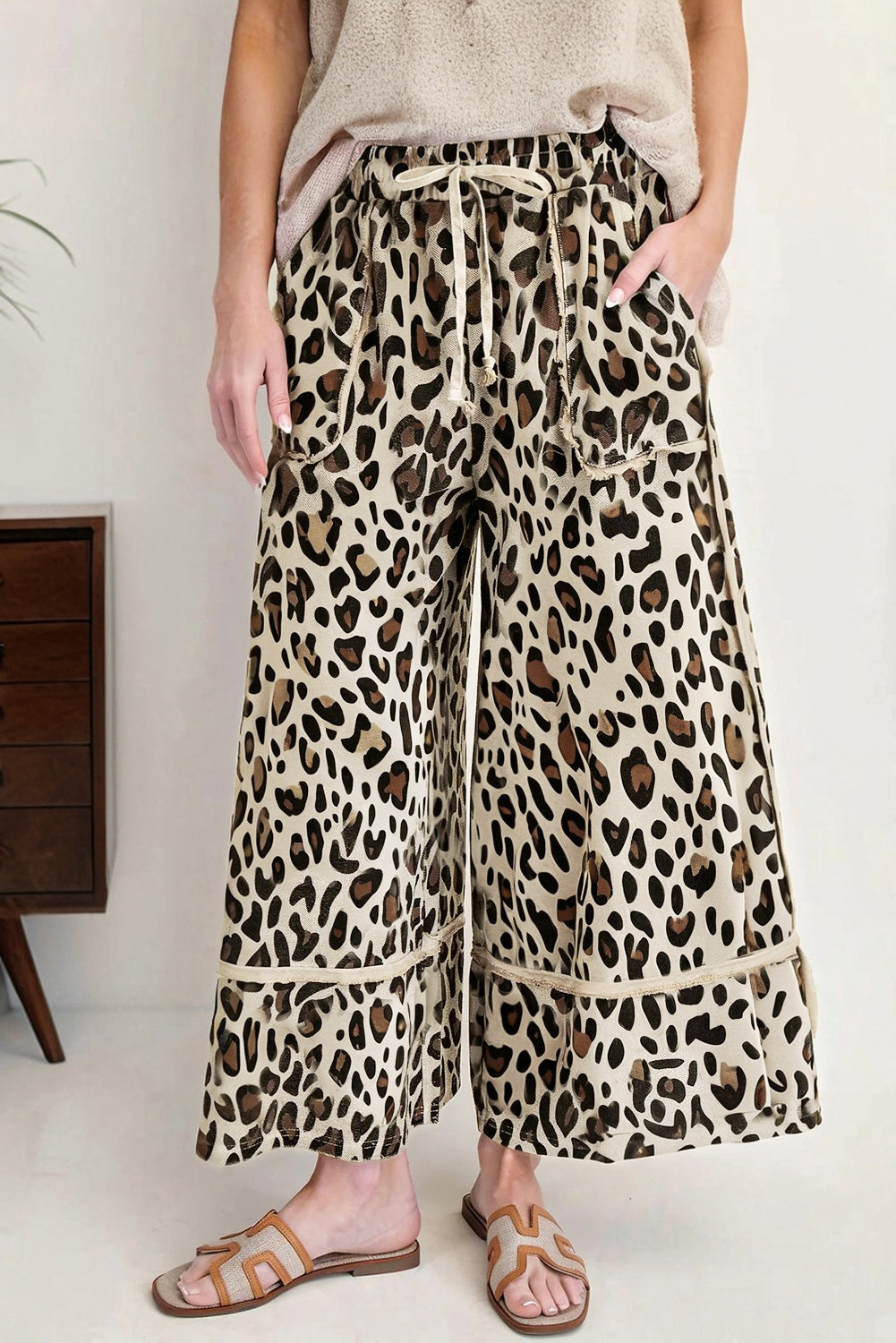 Khaki Leopard Drawstring Wide Leg Cropped Pants