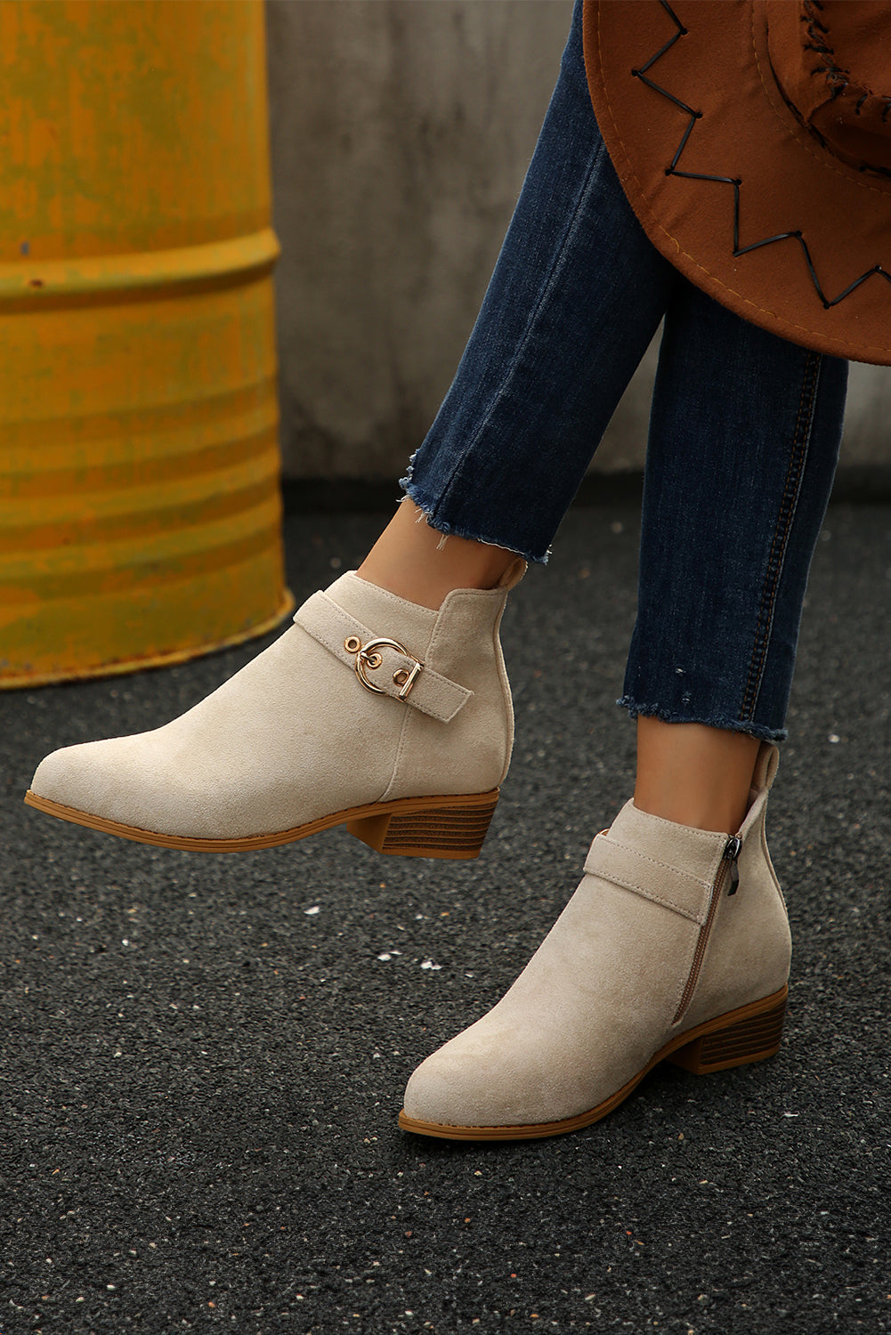 Beige Retro Pointed Toe Ankle Boots